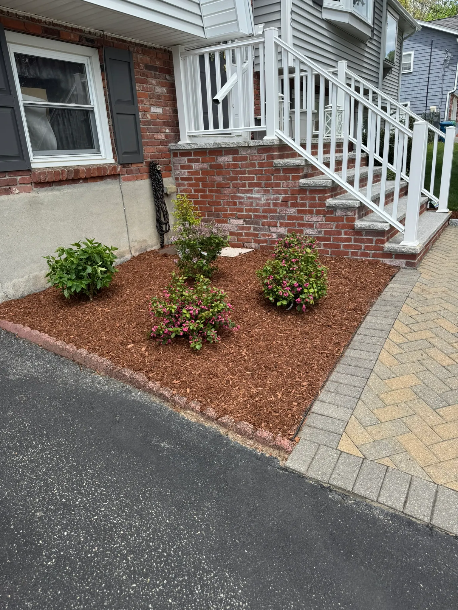 Brick front steps and a paver walkway beside a mulched planting bed on a historic Concord, MA home