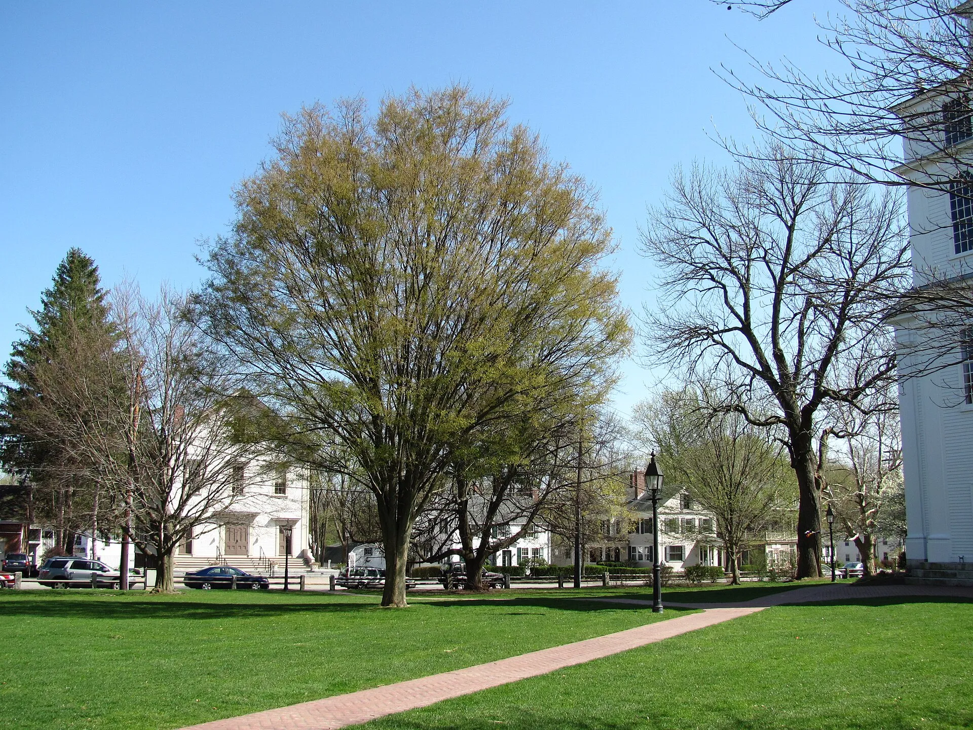 Bedford Common in spring with a lush green lawn, brick walkway, and historic white meetinghouse